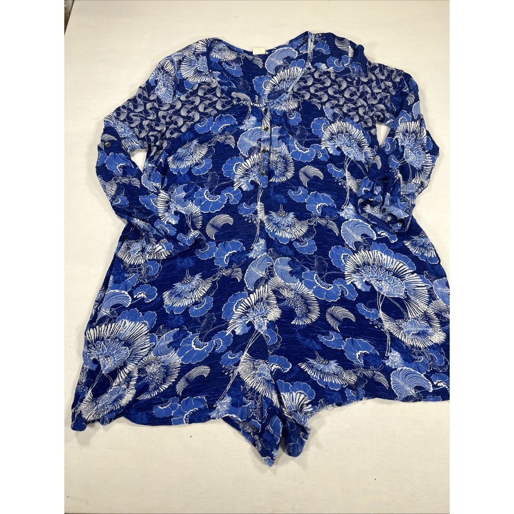 Roxy Women's Large Blue Floral Romper Plunge Neck Long Sleeve Cottagecore